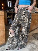 Vintage Leopar Desenli Yüksek Bel Düz Paça Yırtık Kot Pantolon