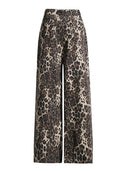 Vintage Leopar Desenli Yüksek Bel Düz Paça Yırtık Kot Pantolon