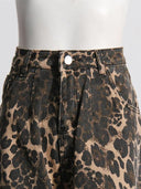 Vintage Leopar Desenli Yüksek Bel Düz Paça Yırtık Kot Pantolon