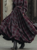 Vestido largo retro elegante con estampado de cuadros, mangas farol y cinturón