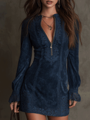 Vestido corto vintage azul con encaje y ante