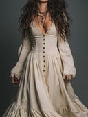 Vestido largo de algodón elegante vintage con encaje combinado y cierre de un solo botón
