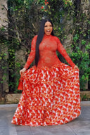 Vestido largo floral transparente rojo vibrante