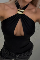 Top in crepe con collo all'americana e dettagli a bordo
