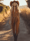 Combinaison zippée en daim marron à franges style western