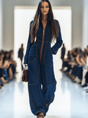 Combinaison décontractée ample rétro en denim rouge avec surpiqûres, jambes larges et manches longues