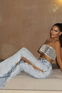 Y2K denimbukser med rhinsten og sideslids