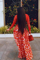 Vestido largo floral transparente rojo vibrante
