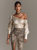 Dame satin off-shoulder langærmet top med zebra print hofteindpakket slids nederdel to-delt sæt