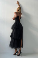 Niş Fransız Vücuda Oturan Askısız Gece Maxi Elbise