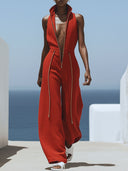 Lässiger Retro-Jumpsuit aus rotem Baumwoll-Leinen mit Reißverschluss, ärmellos, elastischer Taille und weitem Bein