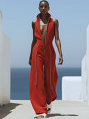 Lässiger Retro-Jumpsuit aus rotem Baumwoll-Leinen mit Reißverschluss, ärmellos, elastischer Taille und weitem Bein