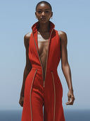 Lässiger Retro-Jumpsuit aus rotem Baumwoll-Leinen mit Reißverschluss, ärmellos, elastischer Taille und weitem Bein