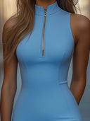 Vestido mini ajustado sin mangas azul con cremallera y elasticidad