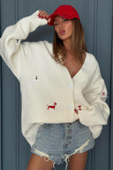 Cardigan a maglia con scollo a V e motivo bassotto