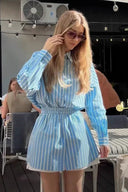 Blue Relaxed Striped Shirt Shorts Set