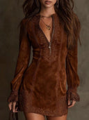 Vestido corto vintage azul con encaje y ante