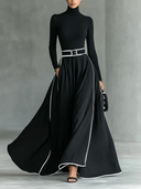 Vestido Maxi Justo de Manga Comprida com Gola Alta, Costura Preta e Acabamento Branco para Mulher