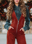 Western-Retro-Overalls mit V-Ausschnitt, Reißverschluss, rotem Kunstwildleder, weitem Bein und Quasten
