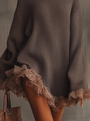 Robe-pull col roulé marron à ourlet volanté