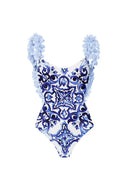 Blauwe eendelige bikini met handgemaakte applicatie