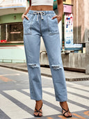 Pantaloni din denim cu talie ajustabilă și aspect uzat, pentru toamnă