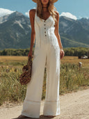 Damen-weißer Leinen-Jumpsuit ohne Ärmel mit Trägern, Knöpfen und Spitzen-Design