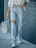 Trend Asimetrik Yıpranmış Denim Kot Pantolon