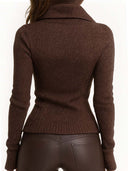 Veste marron asymétrique en maille côtelée avec fermeture éclair