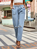 Pantaloni din denim cu talie ajustabilă și aspect uzat, pentru toamnă