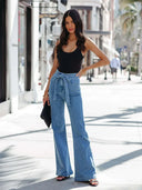 Pantaloni din denim evazați, subțiri, noi și stilati, cu șnur de strângere