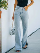 Yıkanmış Yırtmaçlı Denim Pantolon