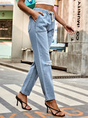 Pantaloni din denim cu talie ajustabilă și aspect uzat, pentru toamnă