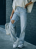 Trend Asimetrik Yıpranmış Denim Kot Pantolon