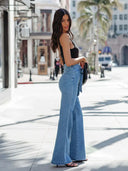 Pantaloni din denim evazați, subțiri, noi și stilati, cu șnur de strângere