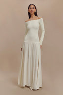 Abito Maxi a Maglia con Spalle Scoperte - Avorio