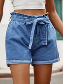 Shorts di jeans a vita alta con coulisse e fiocco