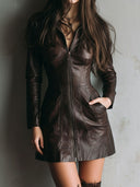 Vestido mini ajustado con cremallera de cuero marrón chocolate chic