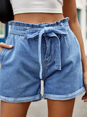 Shorts di jeans a vita alta con coulisse e fiocco