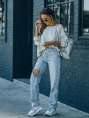 Trend Asimetrik Yıpranmış Denim Kot Pantolon