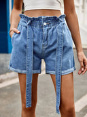 Shorts di jeans a vita alta con coulisse e fiocco