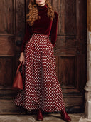 Vintage Bordo Kadife Balıkçı Yaka Uzun Kollu Tişört Puantiyeli Cepli Etek Takımı