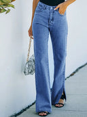 Yıkanmış Yırtmaçlı Denim Pantolon