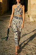 Σετ Μαγιό με Τύπωμα και Λαιμόκοψη Halter με Αφαιρούμενα Μανίκια