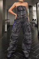 Salopetă din denim fără bretele, stil urban