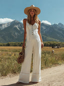 Damen-weißer Leinen-Jumpsuit ohne Ärmel mit Trägern, Knöpfen und Spitzen-Design