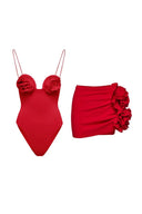 Conjunto de falda y traje de baño con apliques florales
