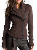 Veste marron asymétrique en maille côtelée avec fermeture éclair