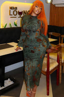 Waldblatt Batik Slim Midi Kleid