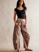 Leopar Desenli Boru Paça Kot Pantolon